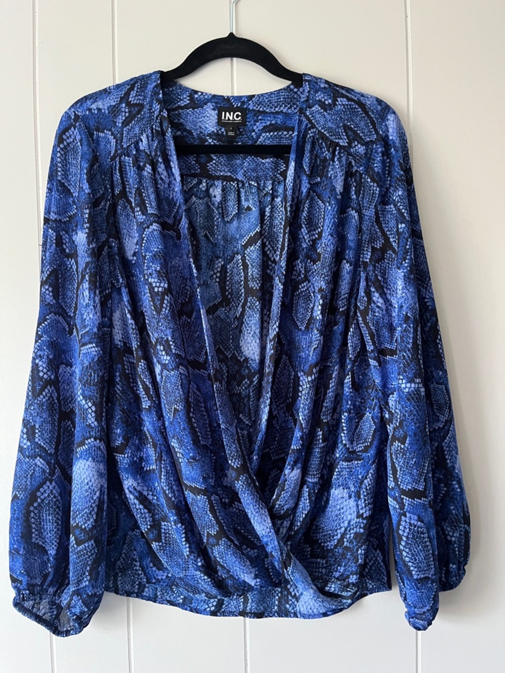INC International Concepts Blue Snake-Print Wrap-Front Blouse